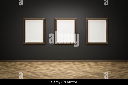 cornici vuote in galleria d'arte mostra al buio rappresentazione 3d di pareti e pavimenti in legno Foto Stock