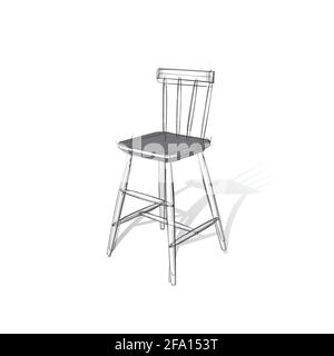 Disegno tecnico di uno sgabello da bar in stile architettonico. Illustrazione vettoriale schematica su sfondo bianco Illustrazione Vettoriale