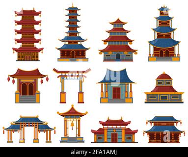 Edifici cinesi. Templi architettonici asiatici, palazzi e case pagoda, cina oggetti culturali illustrazione vettoriale set. Orientale tradizionale Illustrazione Vettoriale