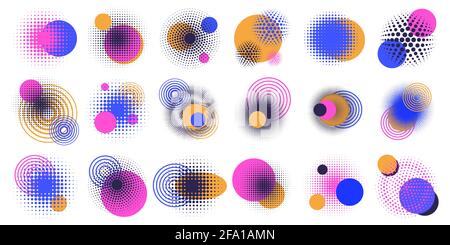 Elementi circolari mezzitoni. Forme geometriche astratte, elementi di disegno sfumati con punti di mezzitoni rotondi. Immagine vettoriale delle forme a mezzitoni della finestra circolare pop art Illustrazione Vettoriale