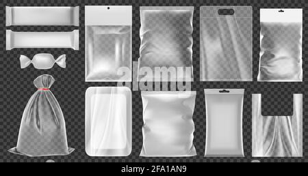 Contenitore in plastica realistico. Svuotare i contenitori di plastica sottovuoto, pulire il set di illustrazioni vettoriali per imballaggi alimentari in polietilene. Sacchetti di plastica 3d trasparenti Illustrazione Vettoriale