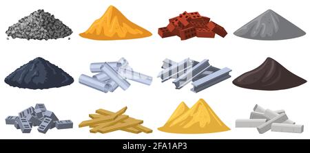 Materiali da costruzione. Materiali da costruzione pile, ghiaia, sabbia, mattoni e pali di pietra frantumata. Cumuli di materiali da costruzione vettore isolato Illustrazione Vettoriale