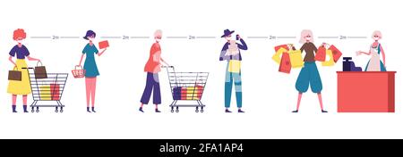 Linea supermercato. Coda di gente di distanza sociale, distanza sicura al deposito della drogheria. L'uomo e la donna mantengono l'illustrazione del vettore di distanza sociale Illustrazione Vettoriale