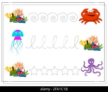 Foglio di pratica di scrittura a mano. Gioco educativo per bambini, ripristinare la linea punteggiata. Animali di mare, granchio, meduse, polpo, corallo. Vettore isolato su WI Illustrazione Vettoriale