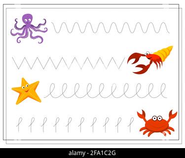 Foglio di pratica di scrittura a mano. Gioco educativo per bambini, ripristinare la linea punteggiata. Animali di mare, granchio, polpo, stelle marine. Vettore isolato su sfondo bianco Illustrazione Vettoriale