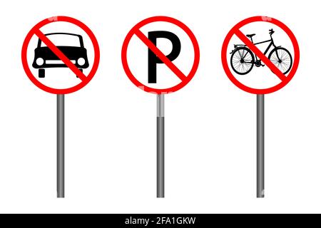 Set di cartelli rossi di divieto isolati su sfondo bianco. Segnali di limitazione del traffico. Non c'è auto, non c'è bicicletta o non c'è parcheggio. Non entrare. Illustrazione Vector Illustrazione Vettoriale