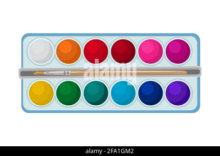 Vista dall'alto delle vernici acquerello in scatola con spazzola isolata su sfondo bianco. Coloratissima tavolozza di acquerelli. Pallet con vernici di vari colori. Vettore Illustrazione Vettoriale