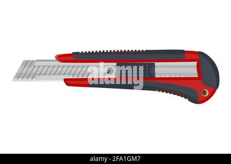 Coltello da taglio rosso. Coltello per carta di cancelleria con lama retrattile. Coltello per ufficio. Attrezzo per taglierina a scatola, riparazione e costruzione.strumento carpentiere.Vector Illustrazione Vettoriale
