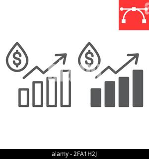 Icona della linea del prezzo del petrolio e del glifo, prezzo del carburante e dollaro dell'acqua di goccia, icona del vettore grafico del petrolio, grafica vettoriale, segno del contorno del tratto modificabile, eps 10. Illustrazione Vettoriale