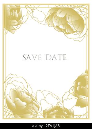 Cornice in oro con fiori. Rettangolo con peonie dorate. Modello per un biglietto di auguri o invito.vettore. Illustrazione Vettoriale