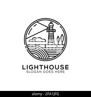 Profilo Light house logo design, icona faro vettoriale illustrazione linea art stile Illustrazione Vettoriale