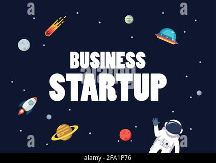 Avvio di business con sfondo spaziale. Stella e pianeti su sfondo galassico. Illustrazione vettoriale di stile piatto Illustrazione Vettoriale