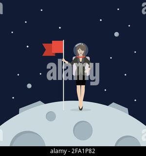 Business Donna Astronauta atterraggio sulla Luna Holding Flag. Stella e pianeti su sfondo galassico. Illustrazione vettoriale di stile piatto Illustrazione Vettoriale