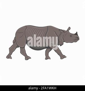 Illustrazione dettagliata di un rinoceronte adulto, rinoceronte con un corvo. Illustrazione vettoriale di un rinoceronte africano. L'immagine del cartone animato Rahino. Illustrazione Vettoriale