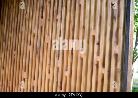 MINSK. BIELORUSSIA - MAGGIO 2016: Struttura di legno marrone di tavole lunghe sottili in un muro Foto Stock