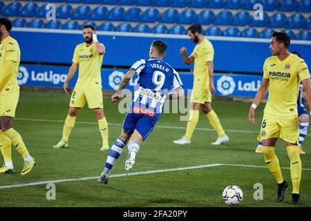 Joselu del CD Alaves celebra un gol durante il campionato spagnolo la Liga tra CD Alaves e Villarreal CF il 21 aprile 2021 allo stadio Mendizorrotza di Vitoria, Spagna - Foto Ricardo Larreina / Spagna DPPI / DPPI / LiveMedia Foto Stock