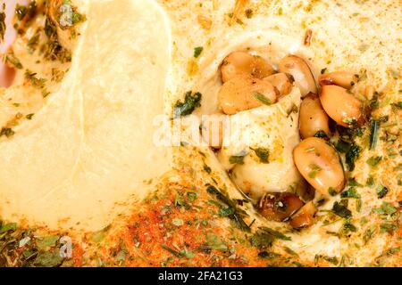 Hummus di ceci con noci di cedro, paprika, olio d'oliva e diverse specie. Sfondo macro di primo piano colorato con spazio di copia. Foto Stock