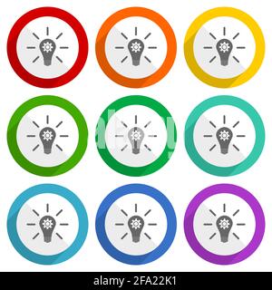 Idea, soluzione, lampadina, icone vettoriali di innovazione, set di pulsanti colorati a design piatto per applicazioni di webdesign e mobili Illustrazione Vettoriale