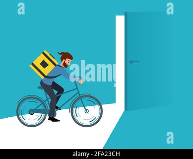 Ordine di consegna durante la quarantena alla porta. Consegna uomo di cibo o merci in appartamento o a casa. Banner con una porta blu aperta e posto per il testo. VEC Illustrazione Vettoriale