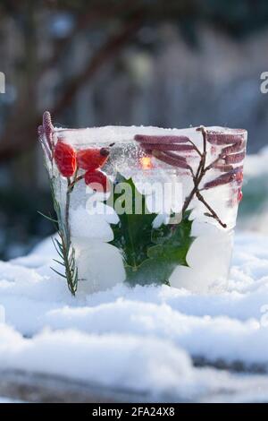 Lanterna di ghiaccio, la candela brucia all'interno di una bacinella di ghiaccio, decorata con materiali naturali congelati racchiusi nel ghiaccio, in Germania Foto Stock