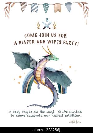 Set di draghi mitologici. Disegnata a mano acquerello carino cartone animato isolato illustrazione sullo sfondo Foto Stock