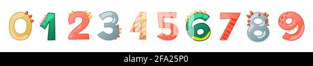 Carino dinosauro cartoni animati numeri. Elementi vettoriali per la progettazione di inviti per feste di compleanno o di dinosauro, biglietti d'auguri, adesivi, banner, logo, icona, poster. Illustrazione Vettoriale