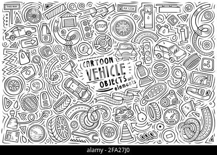 Line art vettoriale doodle disegnate a mano insieme di oggetti, oggetti e simboli del tema del veicolo Illustrazione Vettoriale
