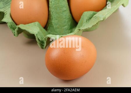 Uovo di gallina di fronte a un cartone verde uovo Foto Stock