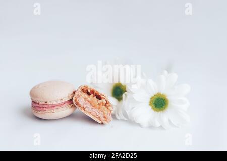 Due macaroni rosa, uno intero e l'altro spezzato a metà. Accanto ai macaroni ci sono due gemme bianche su uno sfondo bianco. Foto Stock