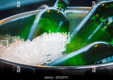 Bottiglie di champagne ghiacciate di lusso durante la festa di gala. Bevi nel fresco simbolo del successo festeggia l'evento di lancio, il matrimonio o la riunione d'affari. Foto Stock