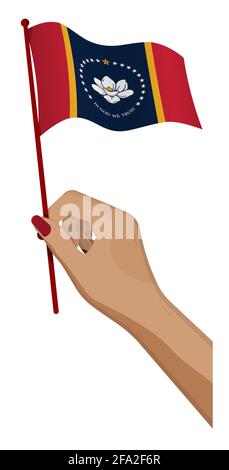 La mano femminile tiene delicatamente una piccola bandiera dello stato americano del Mississippi. Elemento di design per le vacanze. Vettore cartoon su sfondo bianco Illustrazione Vettoriale