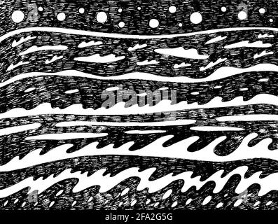 Immagine di sfondo del modello di mare. Disegno bianco e nero delle onde oceaniche per volantino, volantino, poster, biglietto. Arte vettoriale Illustrazione Vettoriale