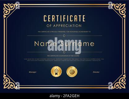 Modello certificato in blu scuro e oro Illustrazione Vettoriale