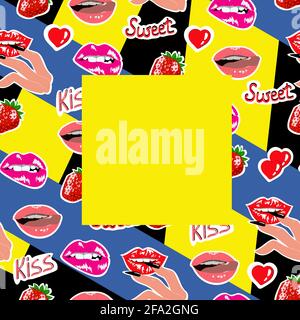 Motivo cornice su sfondo stampato con dita femminili, labbra e fragole, motivo senza cuciture in stile piatto, illustrazione vettoriale Illustrazione Vettoriale