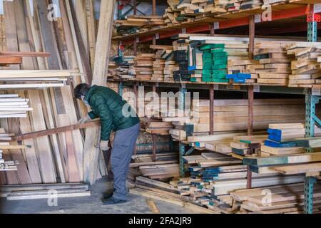 Kingston, NH, US-12 marzo 2021: Uomo che sceglie legno fra le pile di legname su una rastrelliera per la vendita ai consumatori ad un commercio al dettaglio del legname di latifoglie Foto Stock