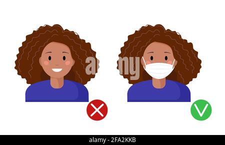 Maschera richiesta. Nessun ingresso senza indossare una maschera. Nero afro americano donna avatar femminile con e senza maschera medica. Come indossare le maschere di protezione Illustrazione Vettoriale