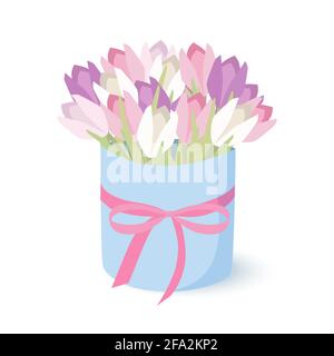 Scatola con bouquet di tulipani rosa, bianchi e viola legati con nastro. Un bouquet isolato di tulipani su sfondo bianco. Tulipani in una scatola. Fiori in un Illustrazione Vettoriale
