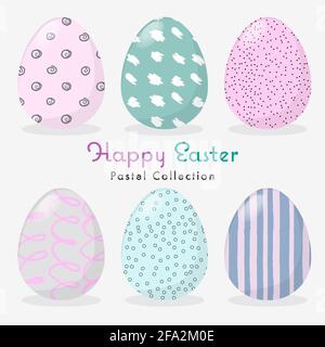 Illustrazione vettoriale della collezione di uova pasquali pastello su sfondo grigio. Colorate e felici uova di Pasqua con diverse texture, isolate su bianco Illustrazione Vettoriale