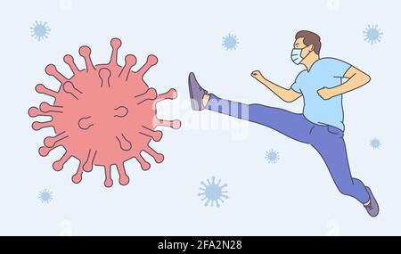 Coronavirus, lotta, infezione, concetto di protezione. Personaggio cartoon giovane uomo in maschera medica che colpisce il virus. Lotta contro la covid19 Illustrazione Vettoriale
