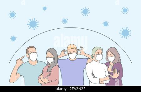 Salute, coronavirus, ncov, covid, concetto di insieme di protezione. Folla di persone che indossano banner maschere mediche. Misure preventive, protezione dell'uomo Illustrazione Vettoriale