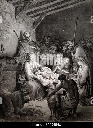 Storia della Bibbia Illustrazione della Natività (Luca 2: 15-16) di Gustave Dore Foto Stock