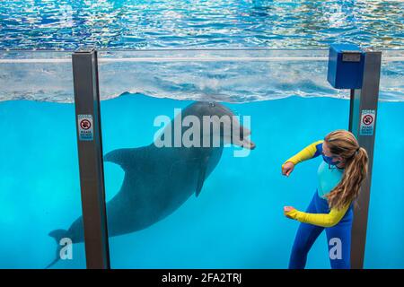 Orlando, Florida. 14 gennaio 2021. Dolphin che interagisce con l'allenatore al Seaworld (21 Foto Stock