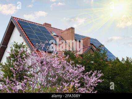 Pannelli solari installati e in uso sul tetto di casa. Stagione primaverile, fiori. Foto Stock