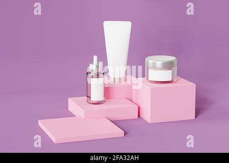 Bottiglia, tubo e vasetto per prodotti cosmetici, template o pubblicità, sfondo rosa, rappresentazione grafica 3d Foto Stock