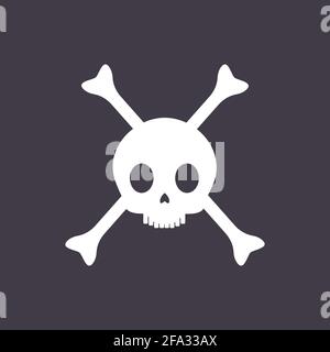 Cranio pirata con ossa incrociate vettore immagine piatta isolato su sfondo nero. Jolly Roger simbolo del pirata, cranio della morte, pericolo e veleno etichetta o icona di disegno. Illustrazione Vettoriale