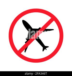 Nessuna illustrazione piatta vettore aereo isolata su sfondo bianco. Piano nel cerchio barrato. Nessun segno di mosca, disegno di icona di divieto di volo. Tutti i voli di viaggio sono vietati a causa dell'epidemia di Coronavirus Covid-19. Illustrazione Vettoriale