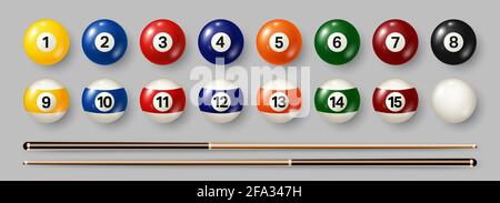 Biliardo colorato, palline da biliardo con numeri su sfondo grigio. Palla da snooker lucida realistica. Illustrazione vettoriale. Illustrazione Vettoriale