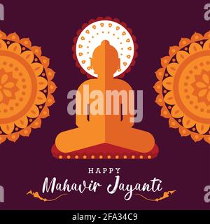 Happy Mahavir Jayanti poster carta da parati, lord Swami Jain festival auguri vettore desideri, banner di design vacanza Illustrazione Vettoriale