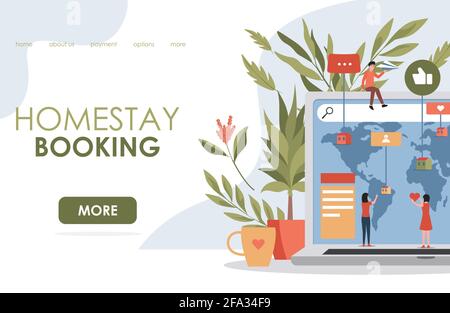 Modello flat landing page vettore prenotazione in famiglia. La gente prenota la camera d'albergo e ostello in diversi paesi in tutto il mondo. Pianificazione delle vacanze estive, i viaggiatori scelgono pensione. Illustrazione Vettoriale