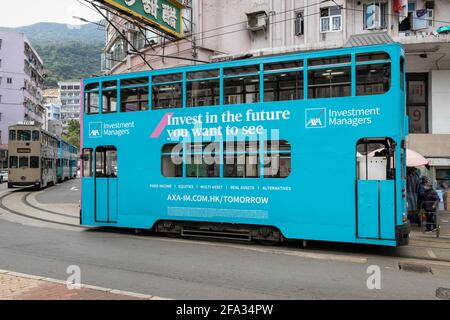 Hong Kong Tramways tutti i sistemi elettrici di trasporto urbano a scartamento ridotto. Iniziato nel 1904, è sempre stato alimentato elettricamente e pulito dal punto di vista ambientale. Foto Stock